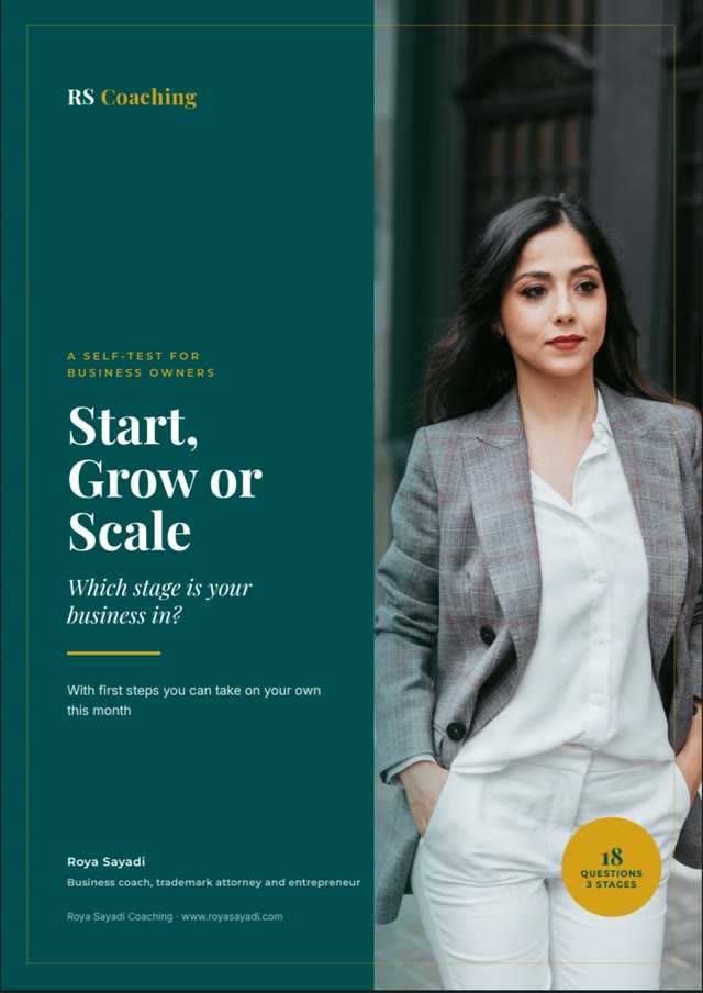 Cover of the e-book "Start, Grow or Scale: which stage is your business in?" by Roya Sayadi